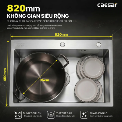 KSH01H082SX - Chậu chén 1 hộc, âm viền, inox 304 cao cấp, 82 x 45 cm